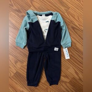 Carters Navy Fleece Zip Up Jacket & Pants w/ Dinosaur Onesie NWT